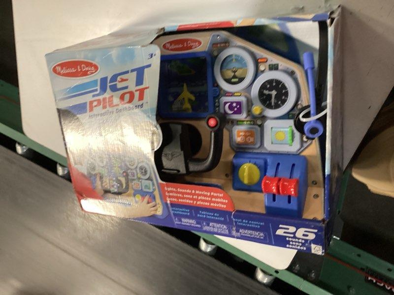 Condition photo showing New/Like New for melissa & doug jet pilot interactive dashboard wooden toy for boys and girls ages 3+ cockpit steering wheel pretend to fly experience, fidget buttons - fsc certified