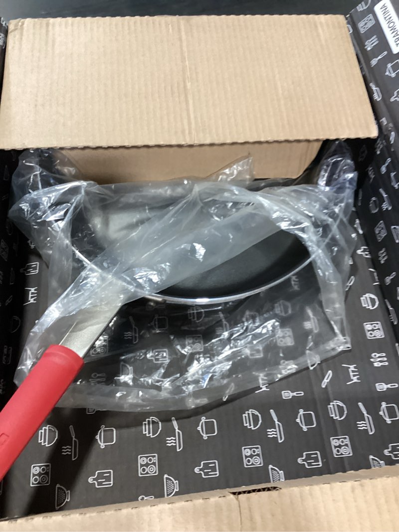 Condition photo showing As Is for tramontina professional 14-inch non stick extra large frying pan, heavy-gauge aluminum skillet with reinforced nonstick coating, red handle, dishwasher and oven safe nonstick (red handle) 14 inch