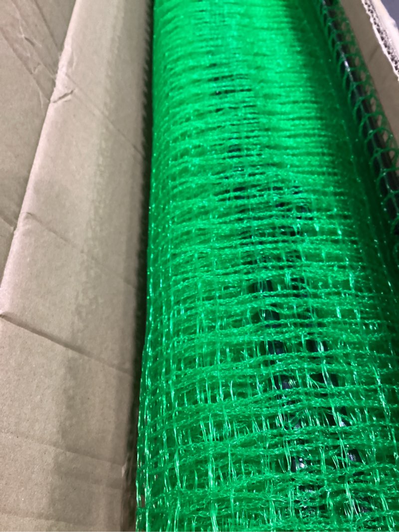 Condition photo showing Good Condition for temporary fence 3‘x49.2’ with 10 step-in posts, portable green plastic fencing roll for gardens, backyards, yards, dogs, outdoor animals & farms