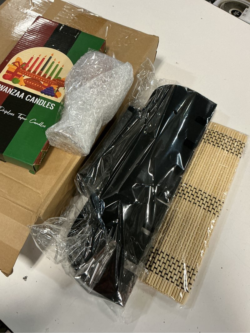 Condition photo showing New/Like New for Zubebe 10 Pcs Kwanzaa Kinara Set 3 Red 3 Green 1 Black Kwanzaa Candle Set Kinara Bamboo Table Mat Candle Holder Wooden Wine Goblet for Celebration Decoration(Black)