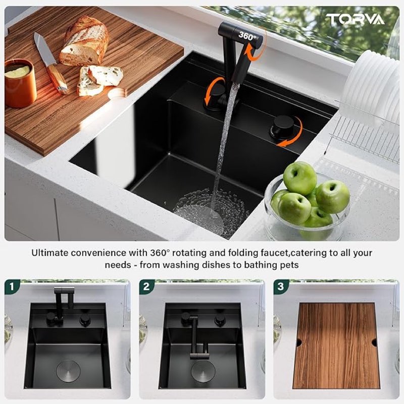torva rv kitchen sink, 15 x 18 x 9 inch undermount bar sink 16 gauge stainless steel single bowl workstation sink with faucet cutting board, dark grey