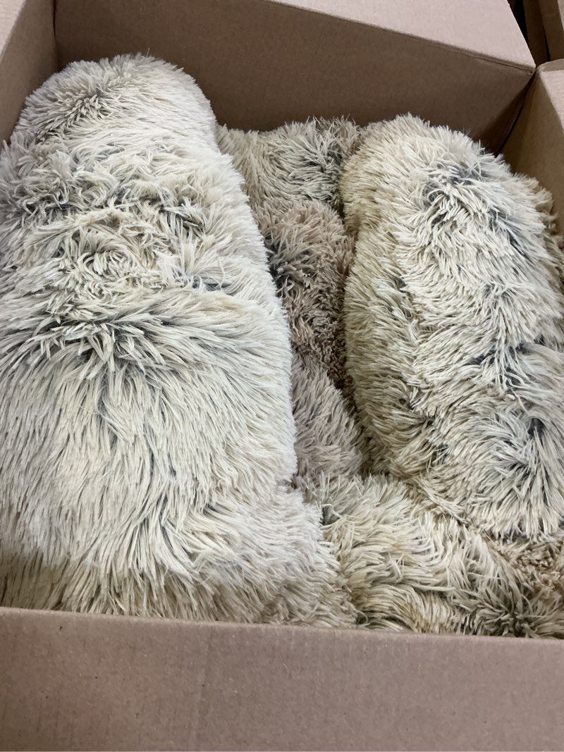 Condition photo showing Good Condition for friends forever donut dog bed faux fur fluffy calming sofa for medium dogs, soft & plush anti anxiety pet couch for dogs, machine washable coco pet bed with non-slip bottom, 30"x30"x7" tan donut tan medium (30"x30"x7")