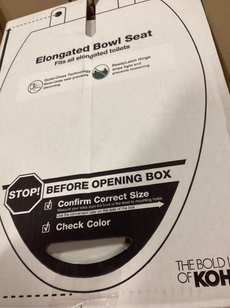 Condition photo showing Good Condition for KOHLER 4636-RL-0 Cachet ReadyLatch Elongated Toilet Seat Slow Close, Soft Close Toilet Seat Quiet Lid, Contoured Grip-Tight Bumpers Installation Hardware, Apartment Essentials, White White Elongated Ready Latch