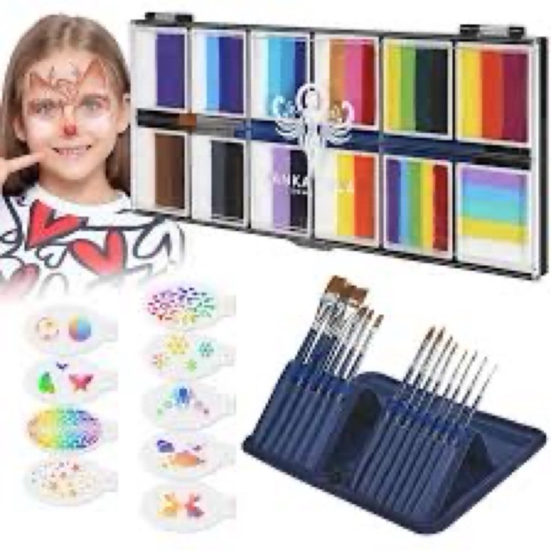 xindycor face painting kit - 26 colors, 4 brushes, stencils - skin safe, non toxic - professional - 