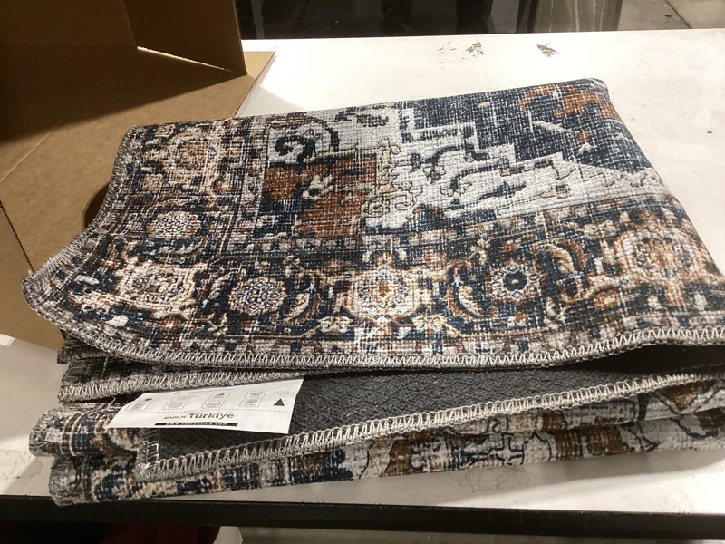 Washable Non-Slip Backing 3x5 Oriental Area Rug for Living Room, Turkish Cotton Rug for Entryway Kitchen Bathroom Entrance, Foldable Soft Vintage Carpet with Rustic Design in Blue Blue 3' x 5' (Rectangular)