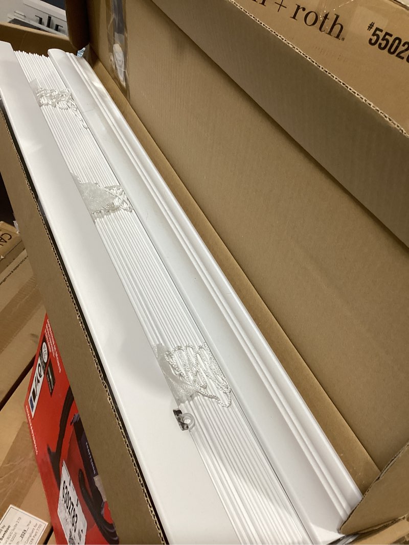 Condition photo showing As Is for allen + roth trim at home 2-in slat width 29-in x 64-in cordless white faux wood room darkening