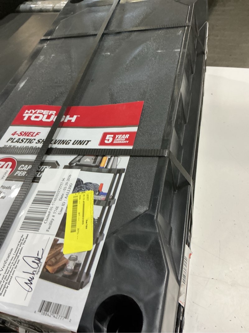 Condition photo showing New/Like New for hyper tough black plastic 4-tier 56.2" h x 30"" w x 13.8" d, 280lb total capacity