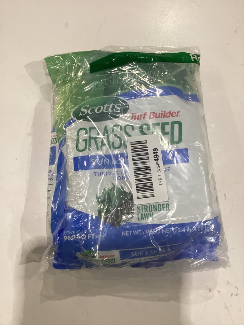 Condition photo showing Good Condition for scotts turf builder grass seed sun and shade mix - grass seed plus lawn fertilizer and soil improver, covers up to 960 sq. ft., 2.4 lb.