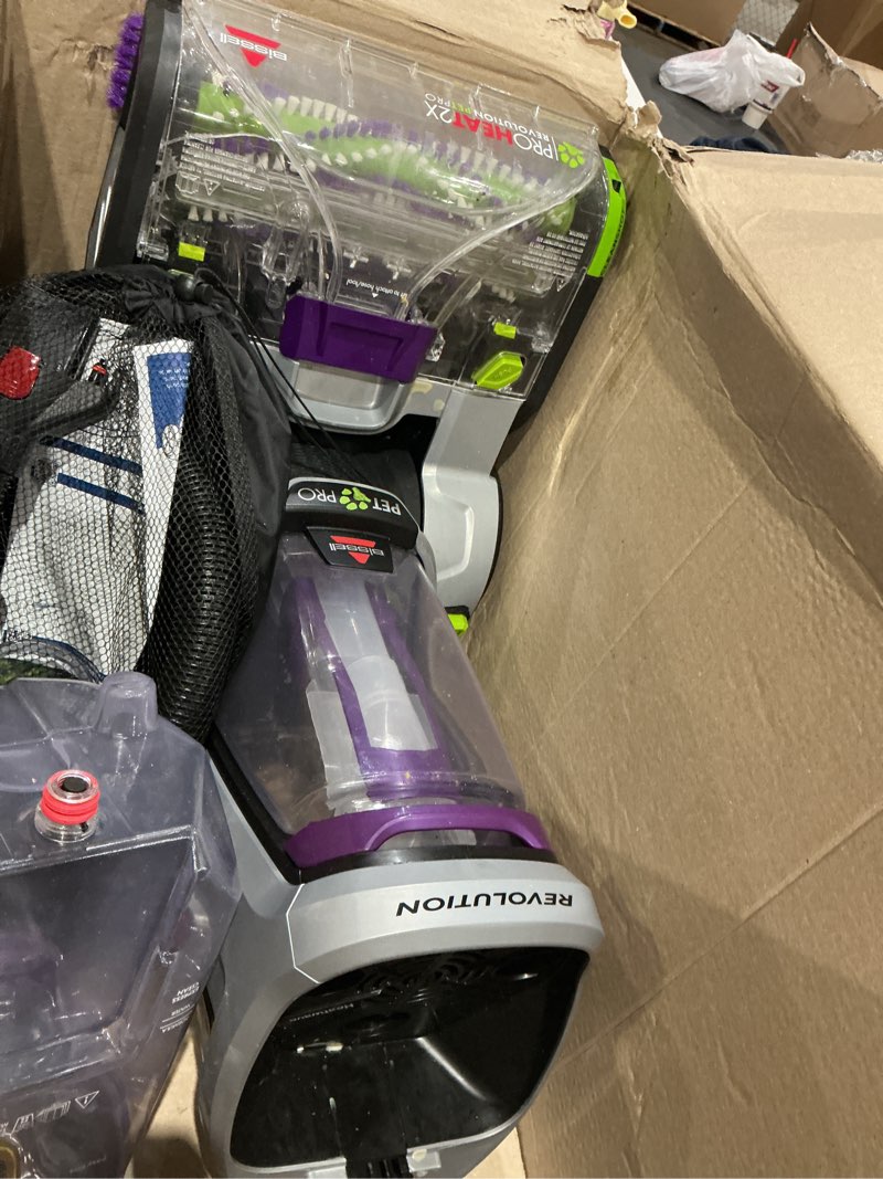 Condition photo showing As Is for bissell proheat 2x revolution pet pro plus, 3588f, upright deep cleaner, 30-minute dry time, dual dirt lifter powerbrush, hose & tool attachment, pet upholstery and tough stain tool included proheat revolution pet pro plus