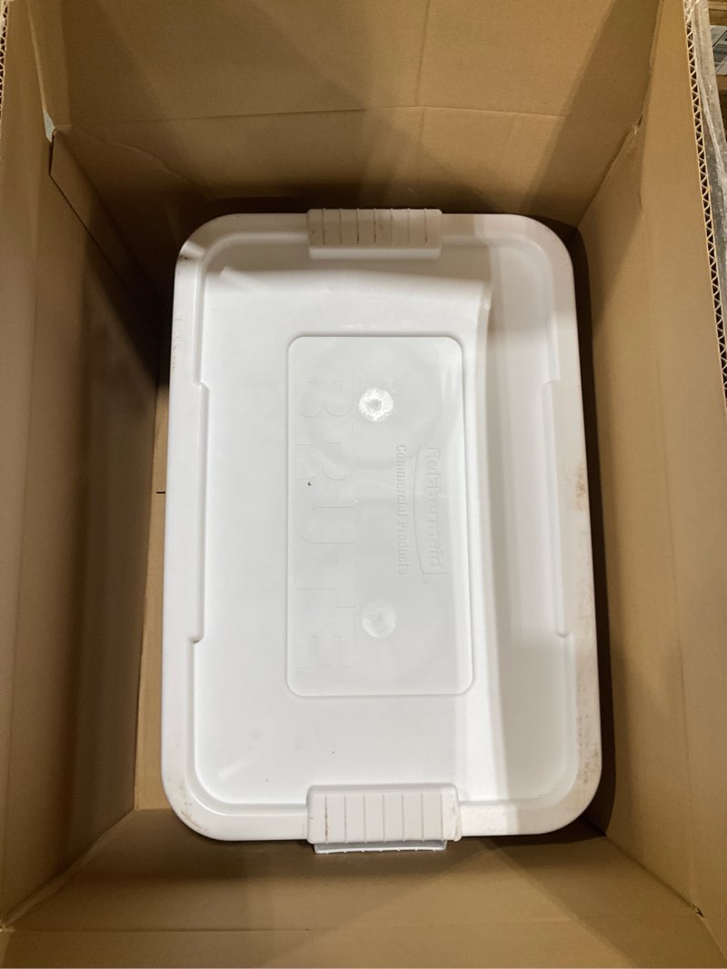 Condition photo showing As Is for Rubbermaid Commercial Products BRUTE Tote Storage Container with Lid-included, 14-Gallon, White, Reusable Boxes for Moving/Storing in Garage/Basement/Attic/Jobsite/Truck/Camping White 14G 1-Pack