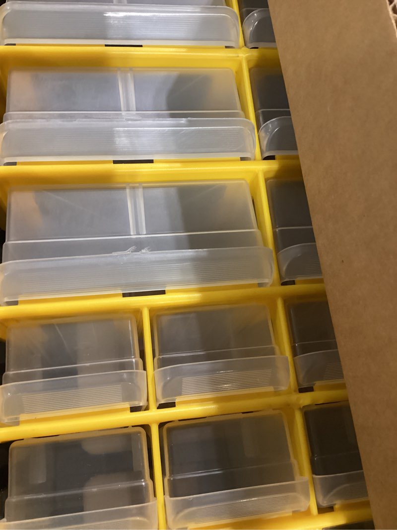 Condition photo showing Good Condition for akro-mils 44-drawer plastic storage cabinet, 20"w x 6"d x 16"h, yellow | plastic cabinet w/ drawers for garage organization, beads, building bricks storage, teacher toolbox, makeup organizer, 10144 yellow 44 drawer 1 pack
