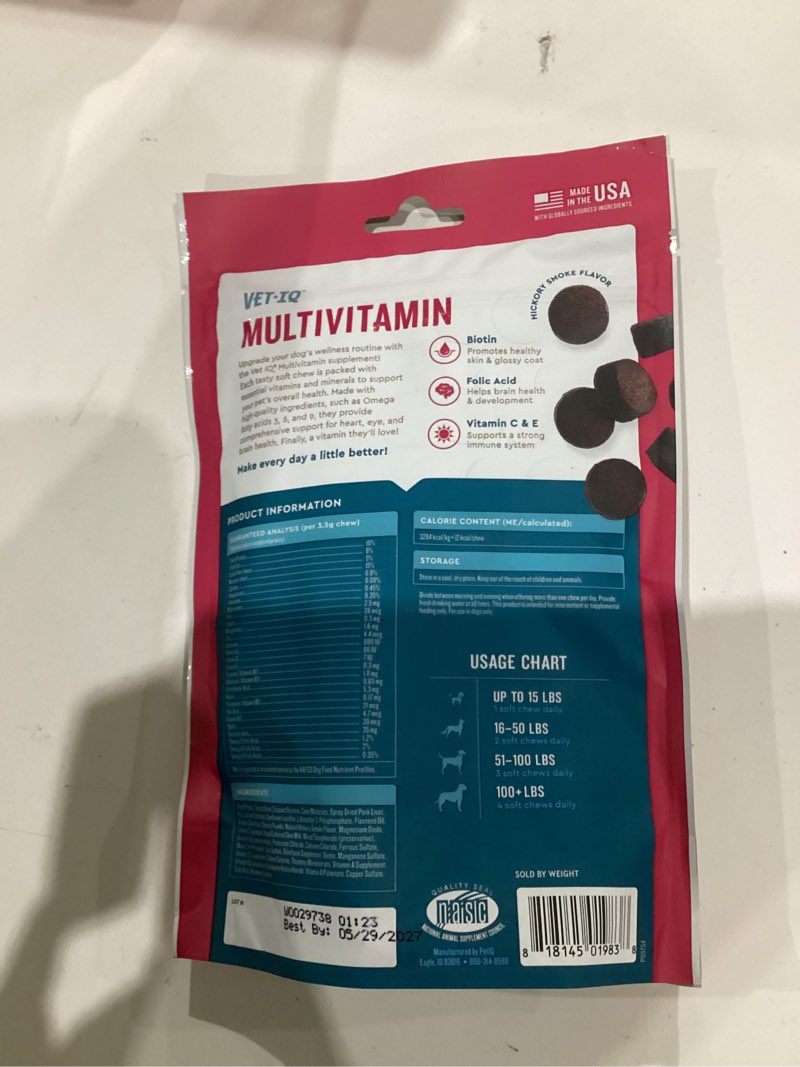 Condition photo showing New/Like New for vetiq multivitamin supplement for dogs, supports active brain function, immune system, and digestive system, hickory smoke flavored dog multivitamin, made in the usa, 60 count