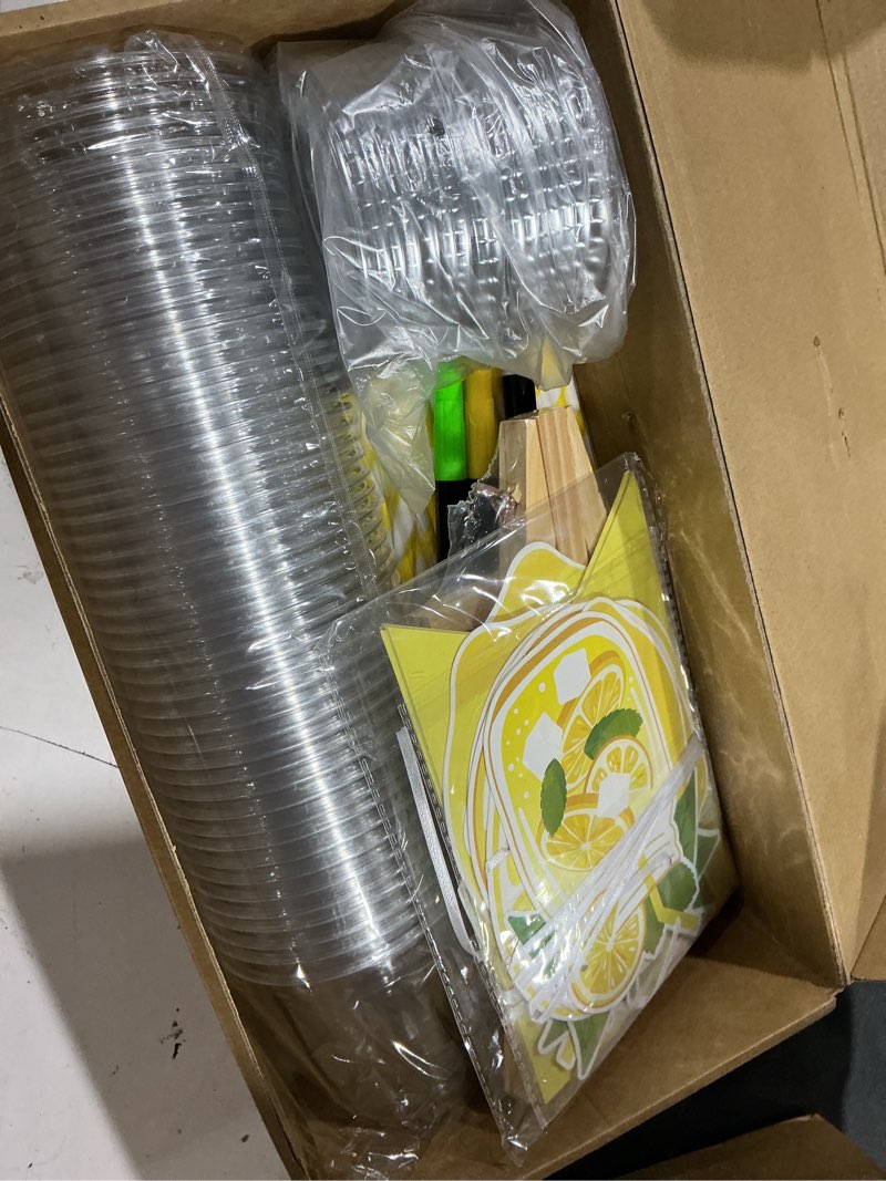 Condition photo showing Good Condition for lemonade stand supplies 50 pcs lemonade cups with lids and straws, 2 pcs lemonade banners, wooden blackboard and lemon stickers for summer lemon birthday baby shower party decor,yellow