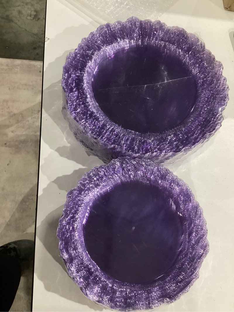 Condition photo showing Good Condition for item similar))))) 60pcs clear purple gold plastic plates, purple disposable plates with gold rim, hammered plastic plates include 30 clear dessert plates, 30 dinner plates for party