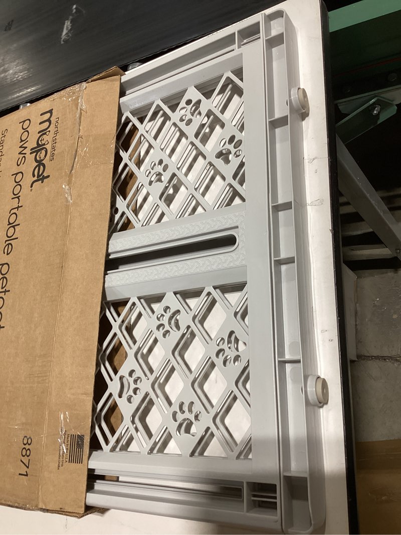 Condition photo showing As Is for mypet north states paws portable pet gate: 26-40" wide. pressure mount. no tools needed. made in usa. dog gate 23" tall, expandable, durable dog gates for doorways, light gray