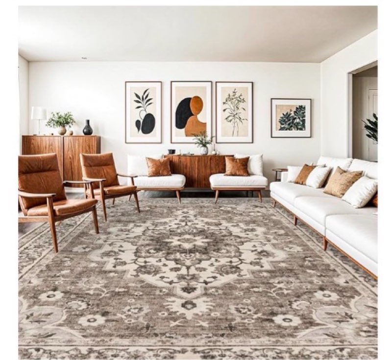 Washable Oriental Area Rug - 10x14 Rugs for Living Room Soft Carpet for Bedroom Waterproof Floral Distressed Indoor Stain Resistant Non-Shedding Floor Carpets (Beige, 10X14