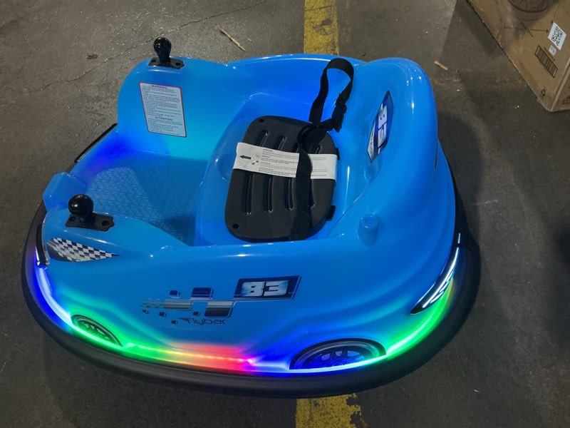 Condition photo showing Working Condition Verified for flybar 12v glow bumper car ride on toy - indoor/outdoor toys, toddler toys, bumper cars, kids electric car, w/ 360° spins, multi-color led lights, max weight of 100lbs, age 4-9yrs, blue