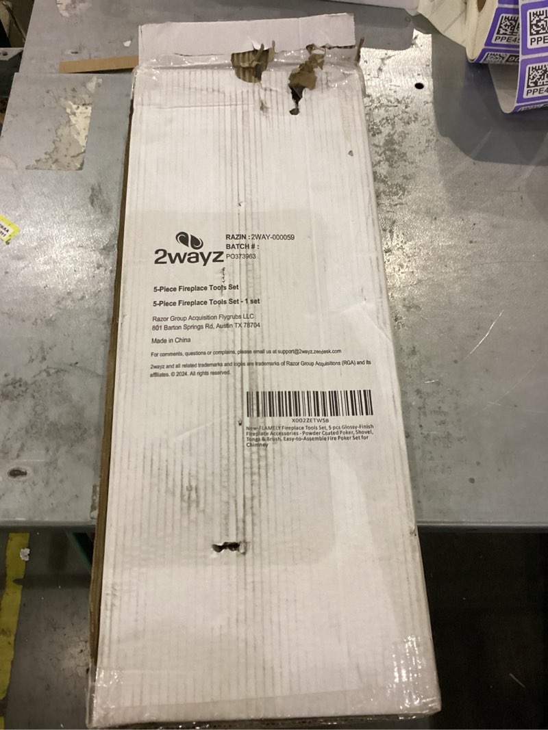 Condition photo showing New/Like New for 2WAYZ 5-Piece Fireplace Tools Set - Modern Glossy Finish Black Fireplace Accessories - Includes Tongs, Fire Poker, Shovel, and Brush - Powder-Coated Cast Iron Fire Pit Tools for Chimney - 25x9x2-Inch