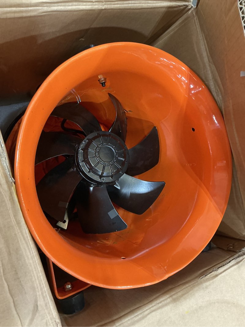 Condition photo showing As Is for 10-inch high-velocity portable utility blower fan, industrial exhaust fan with 16.4ft flexible duct hose, 3150 rpm low-noise ventilator for basements, workshops, warehouses, and confined spaces 10" x 16.4ft