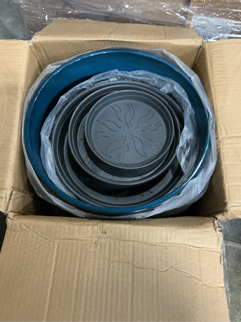 Condition photo showing Good Condition for 24,21,11 inch large plastic planters with drainage hole and saucer - set of 3 tall plant pots indoor flower pot tall round planters outdoor large tall planter dark blue