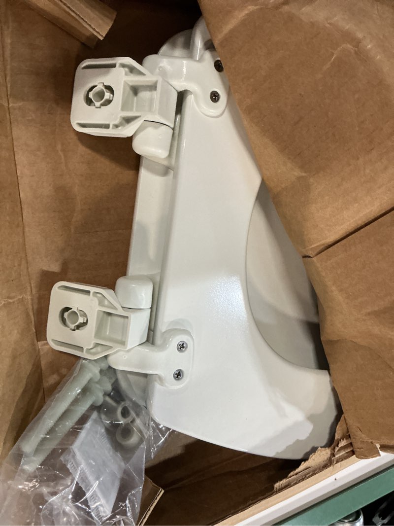 Condition photo showing As Is for mayfair linden slow close toilet seat, non slip heavy duty wood, easy install, round, white round traditional hinge