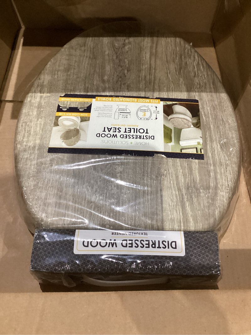 Condition photo showing New/Like New for Home+Solutions Distressed Grey Wood Elongated Vaneer Toilet Seat Elongated Grey Wood