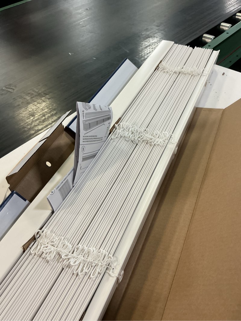 Condition photo showing As Is for levolor trim+go 2-in slat width 34-in x 64-in cordless white faux wood room darkening horizontal blinds