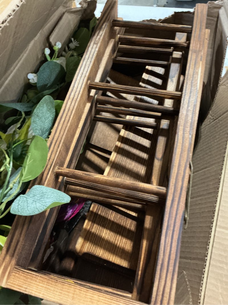 Condition photo showing Good Condition for wooden 3 tier cupcake stand with flower vine, palm leaves & decorative butterflies, cupcake holder for tea party supplies, serving trays for party perfect for dessert cups and charcuterie cups