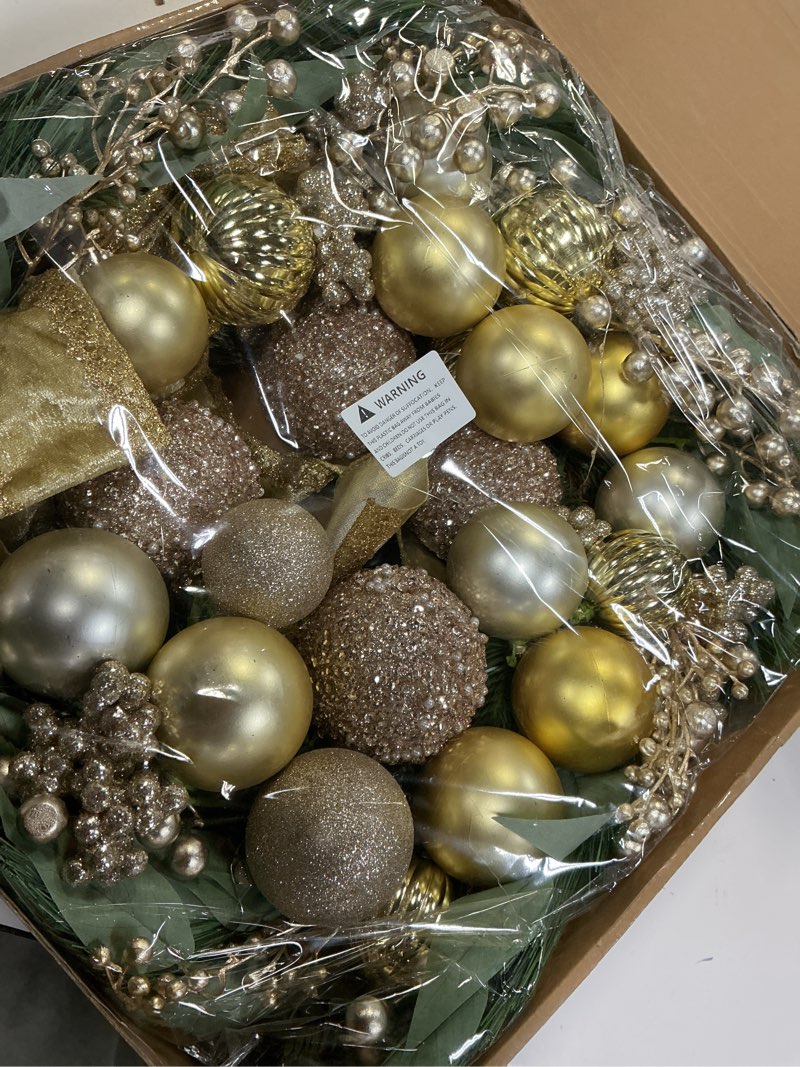 Condition photo showing New/Like New for Christmas Wreath for Front Door 24" Artificial Christmas Wreath with Pine Branches, Berries,Ball Ornaments and Gold Accents, Christma Decorations Home Indoor and Outdoor Holiday Decor Wreaths