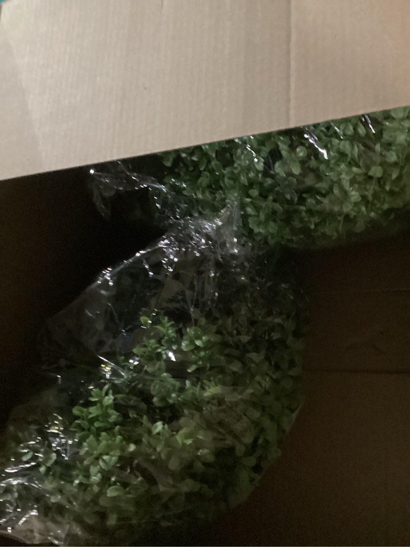 Condition photo showing New/Like New for Artificial Boxwood Topiary Trees for Outdoors, 2 Pack Faux Topiary Ball Tree UV Resistant Fake Shrubs Evergreen Bush Plants for Front Porch Garden Yard Balcony Wedding Decor, 2 Led String Light