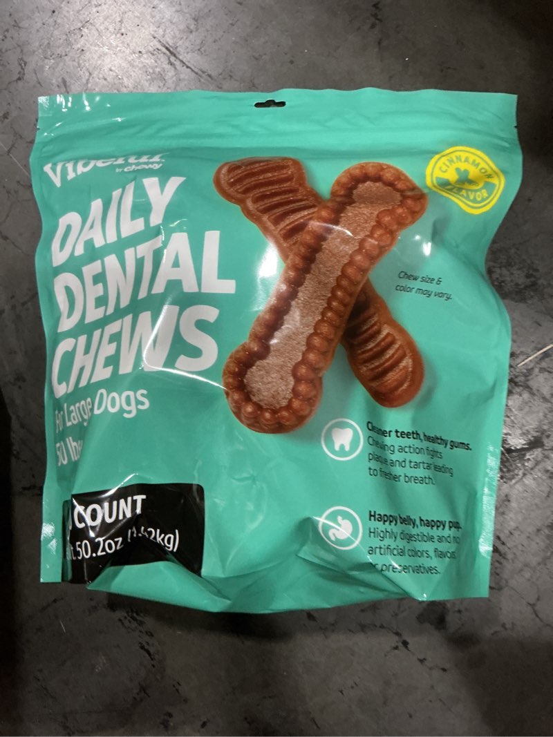 Condition photo showing New/Like New for (BBD 03/16/26). Vibeful Large Daily Dental Chews for Dogs 50 lbs Chicken Flavor, 30 count