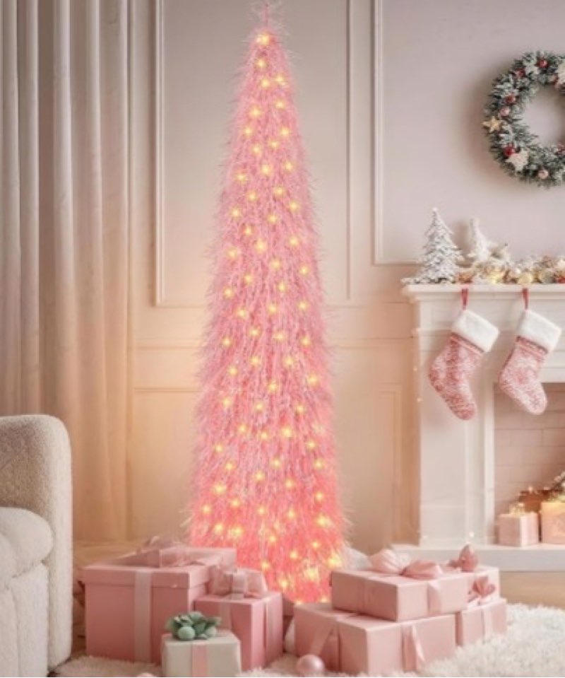 Obralitic 6 FT Shaggy Pop Up Christmas Tree with 100 Timer Lights and Remote, Pink Collapsible Artif