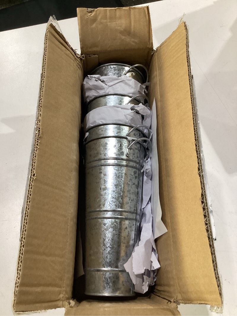 Condition photo showing New/Like New for 9 inch galvanized flower bucket, 6 pack tabletop vases for dried flowers | tabletop galvanized flower buckets with handles, perfect for dried flowers, weddings, centerpieces and farmhouse decor.