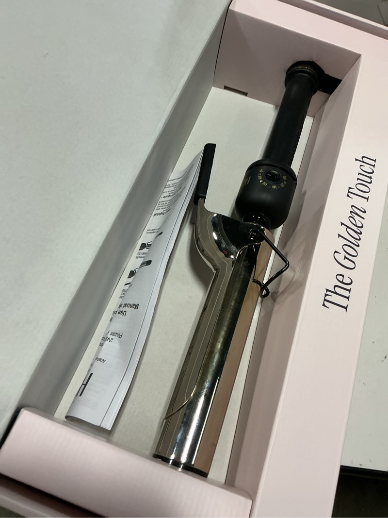 Condition photo showing As Is for hot tools 24k gold professional 1 1/4" extended barrel curling iron with clamp for tousled curls - 24k gold technology for long-lasting results & longer barrel for easy styling