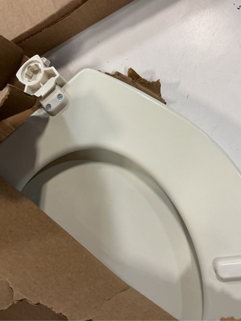 Condition photo showing As Is for lift-off round closed front toilet seat in biscuit