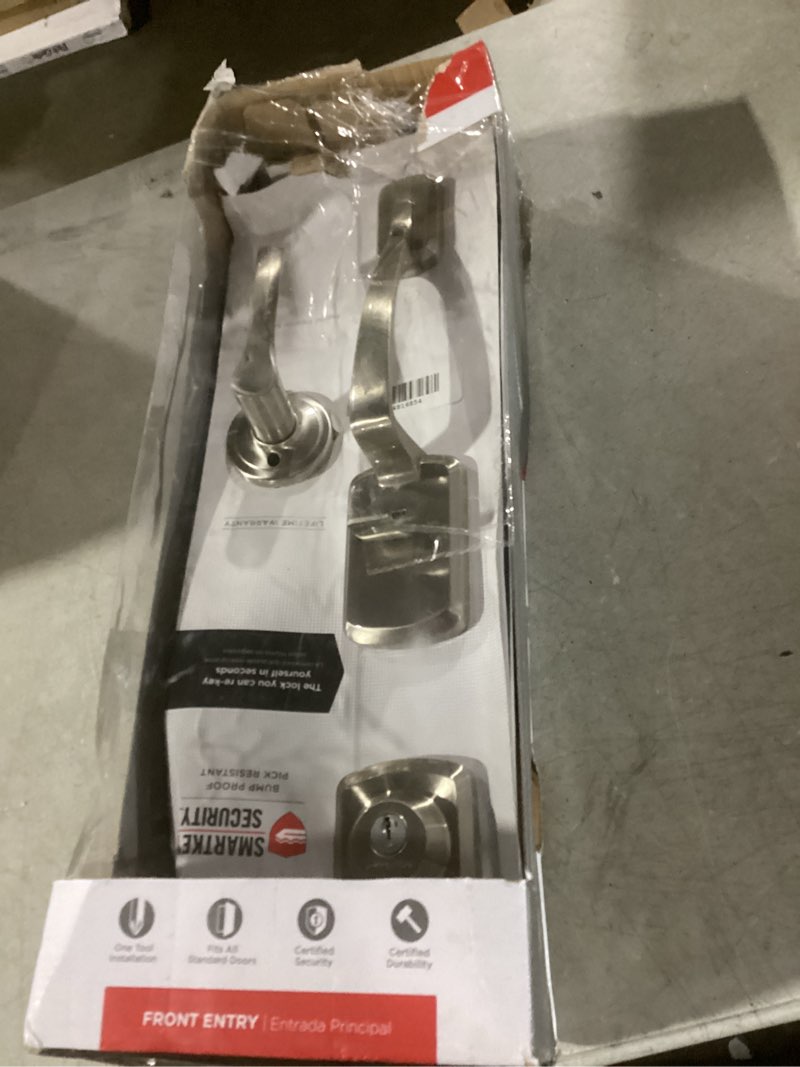 Condition photo showing Good Condition for kwikset henley front door lock handle and deadbolt set, entry handleset exterior with interior reversible lever, satin nickel, pick resistant smartkey rekey deadbolt security, with microban protection