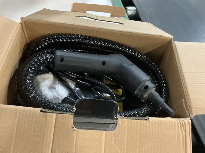 Condition photo showing As Is for steam cleaner,15s heat-up,1.6l tank,3-level adjustable handle,2500w steamer for cleaning,portable steamer for cleaning with 16pcs accessories,steam cleaner for home,car,dirt,grease,grout,tile,couch yellow