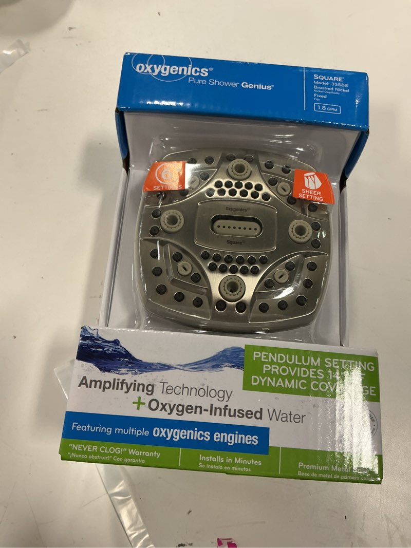 Condition photo showing New/Like New for Oxygenics 6.0 -Spray Matte Black 4.5-in Square High Pressure Shower Head 1.8 GPM | 35271