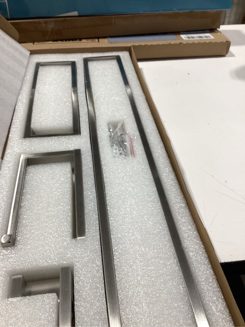 Condition photo showing Good Condition for tnoms brushed bathroom hardware accessories set 4 pieces brushed nickel towel bar set, 23.6 inch towel rack set sus304 stainless steel bathroom set,wall mounted brushed nickel b