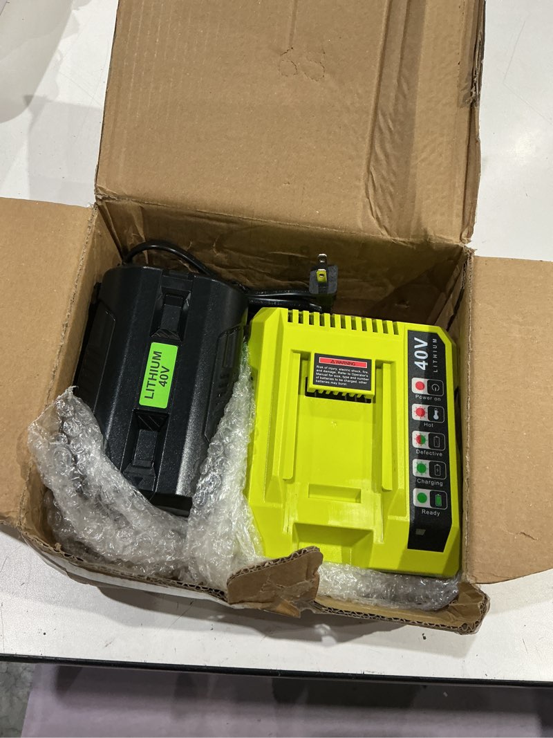 Condition photo showing As Is for 6.5ah replacement for ryobi 40v battery and charger combo compatible with 40 volt ryobi lithium battery op4026 op40601 op4050a op4040 op4030 op4050 with op401 40 volt charger
