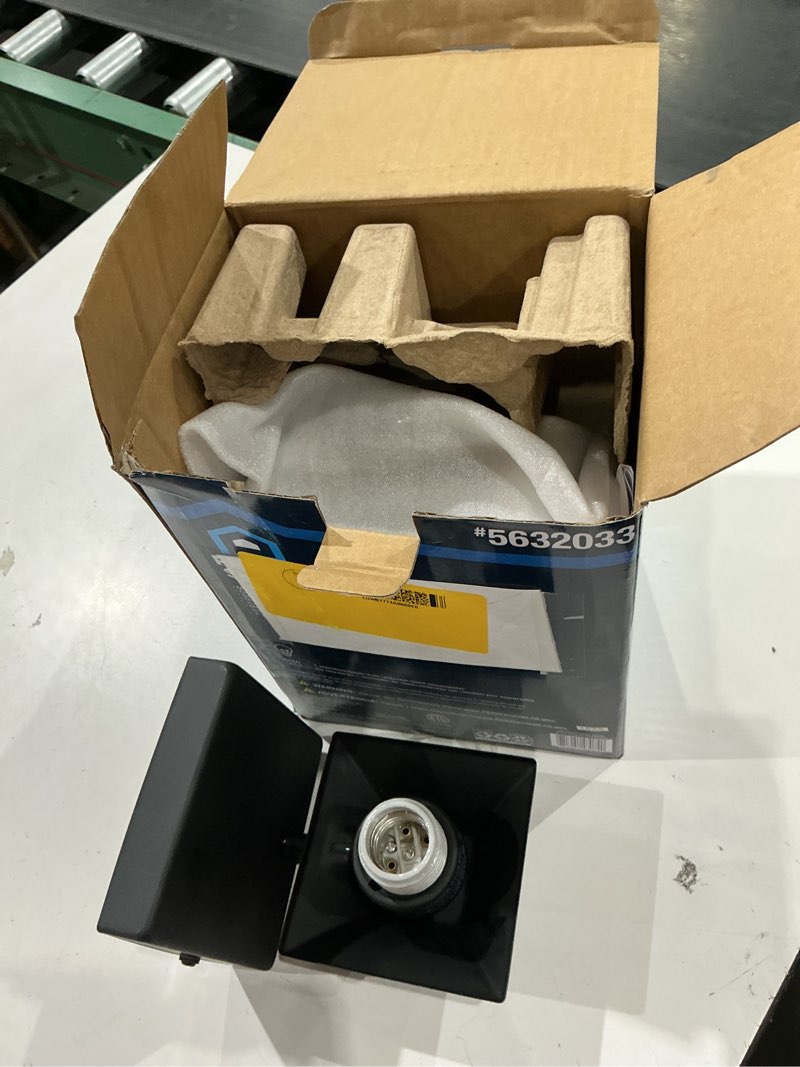 Condition photo showing As Is for project source woodward 1 -light 8-in h matte black hardwired outdoor wall light
