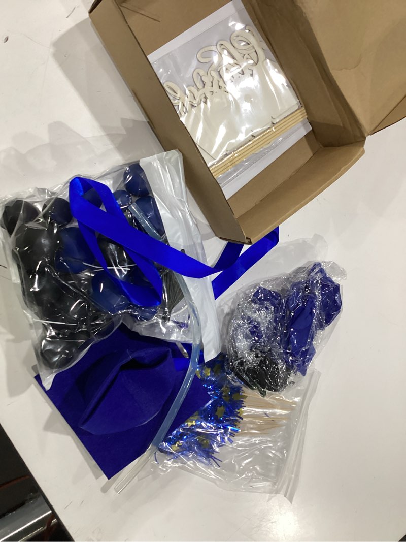 Condition photo showing New/Like New for sureio 48 pcs graduation cake toppers class of 2026 congrats grad cake decor graduation cap diploma artificial flower card ball palm leaves firework stick kit for theme party supplies (blue, black)