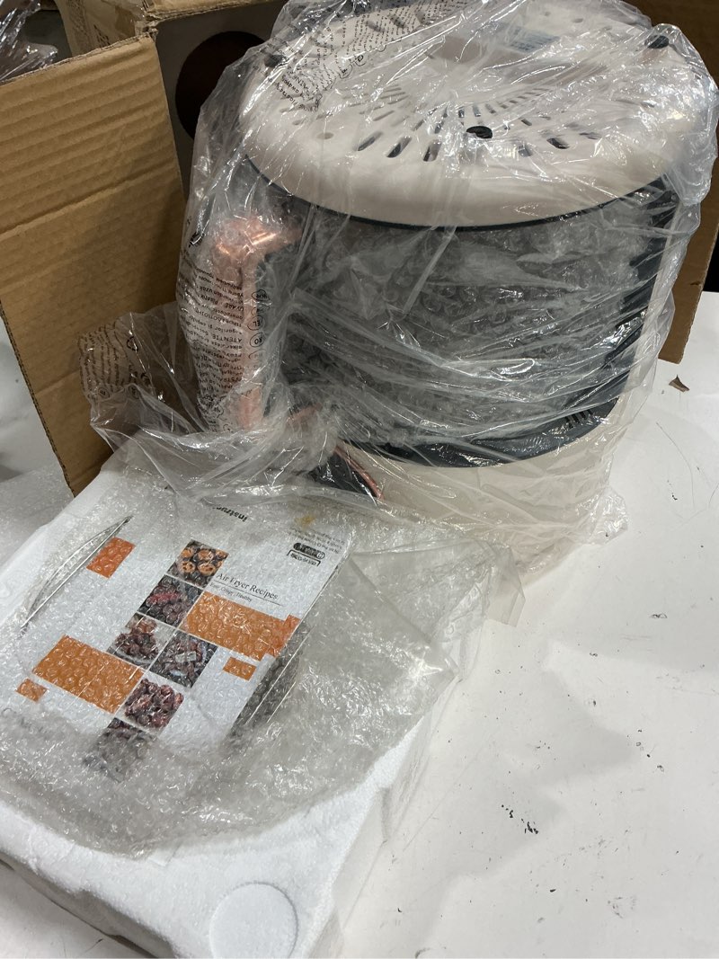 Condition photo showing Good Condition for 4.7qt glass air fryer, 360° viewable glass air fryer non toxic, 6-in-1 preset cook modes, digital display, adjustable temp 100f - 400f, nonstick, dishwasher safe, white