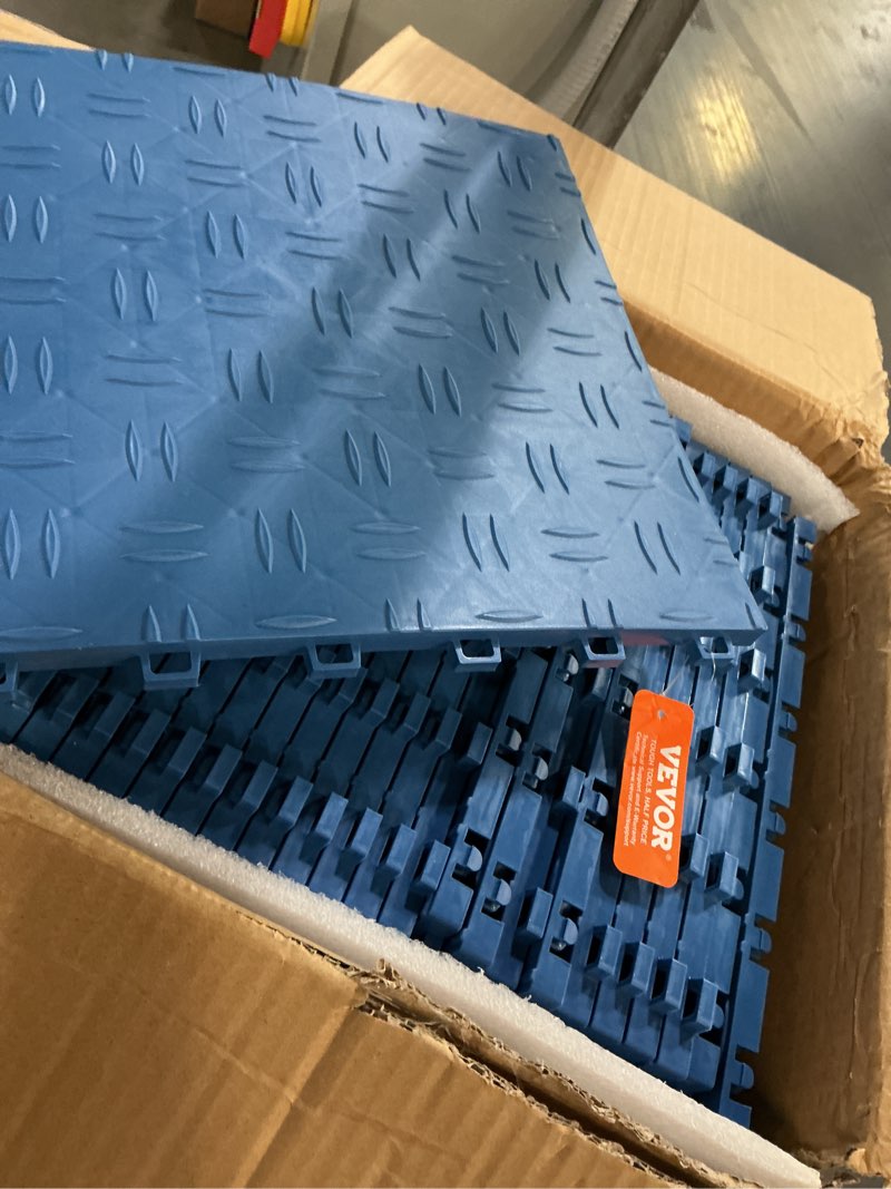 Condition photo showing Good Condition for vevor garage floor tiles 12 x 12 x 0.53 inch, interlocking design ease of installation double-sided texture non-slip sturdiness, for garages, basements, repair shops, blue, 50 pack 50 pack blue
