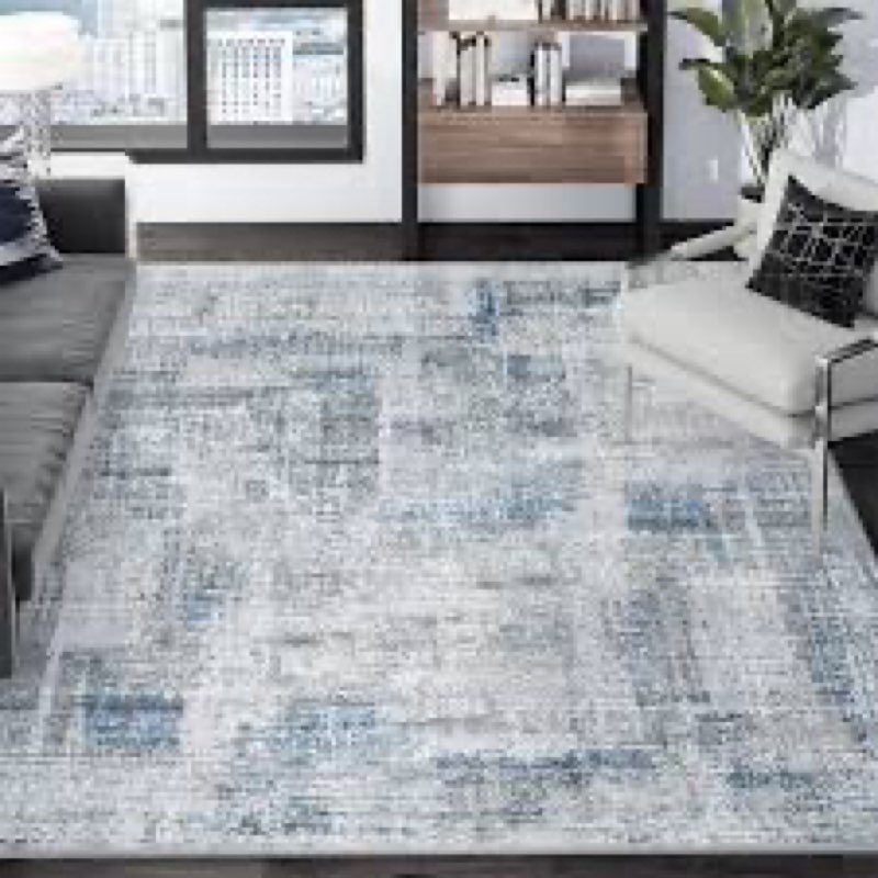 Eleisa Modern Abstract 5x7 Area Rug for Living Room, Blue & Grey, Non-Slip Stain Resistant Washable 