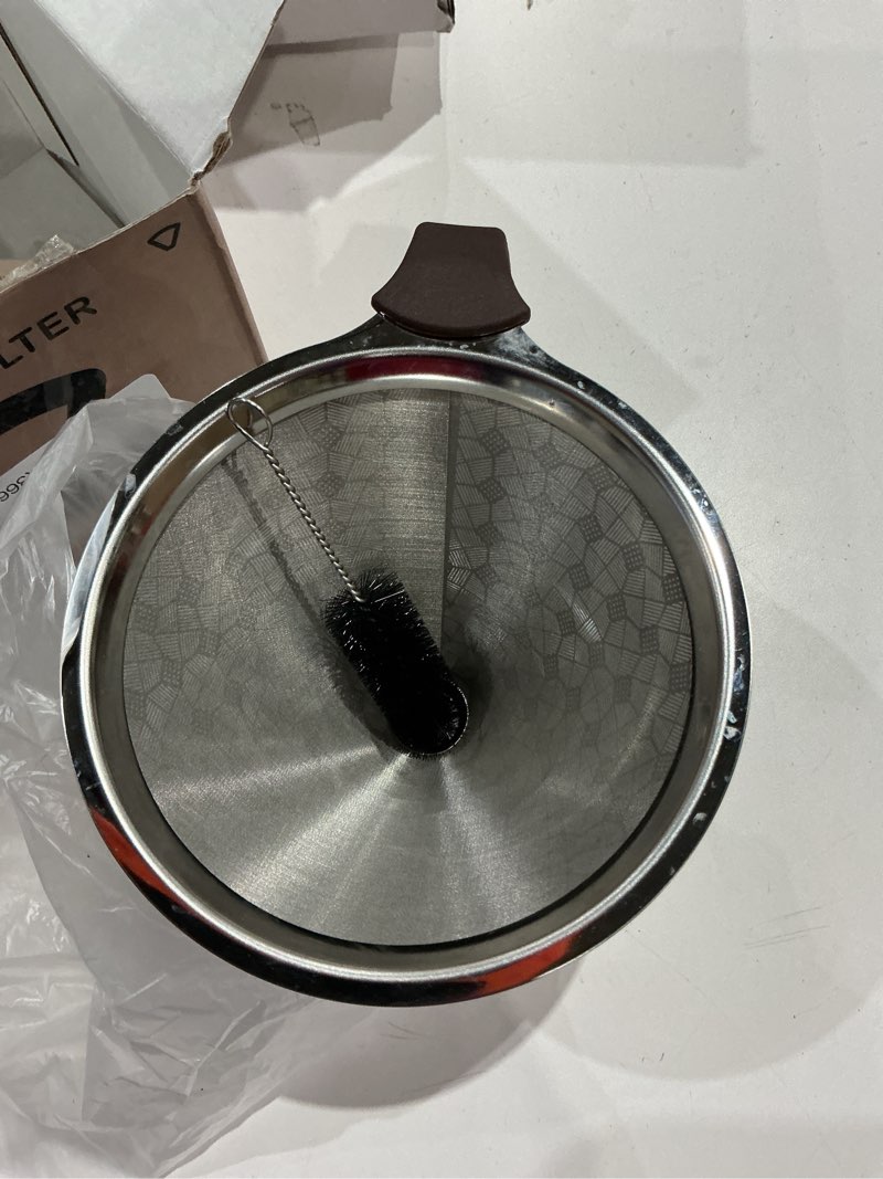 Condition photo showing As Is for pour over coffee dripper, loofore stainless steel coffee filter 1-4 cup, metal cone filter paperless reusable coffee filter, double mesh design with spoon and cleaning brush 1-4 cups