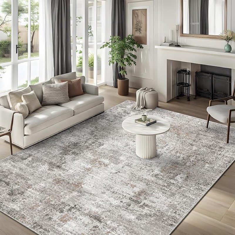 9x12 washable living room rugs - modern abstract neutral soft large area rugs for bedroom non-slip low pile thin stain-resistant carpet for dining room home office (beige grey