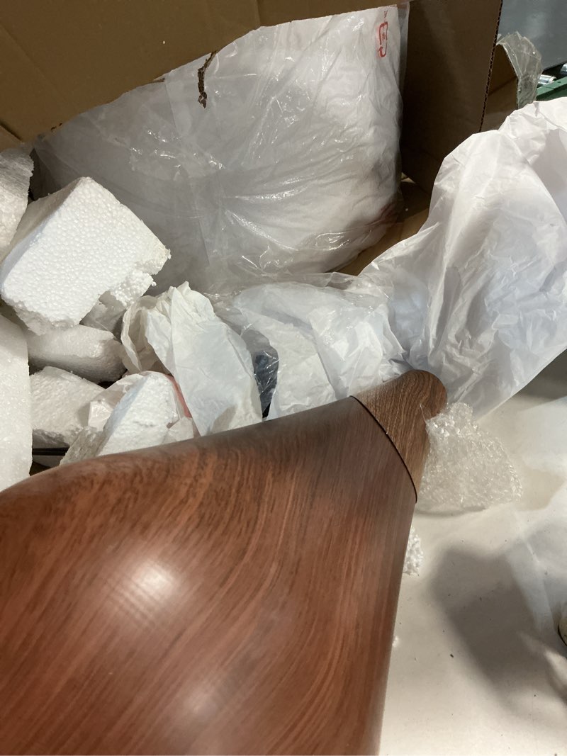 Condition photo showing As Is for globe electric novogratz x harrington 65" floor lamp, 2-tone faux wood base, white fabric shade, socket rotary switch 67225
