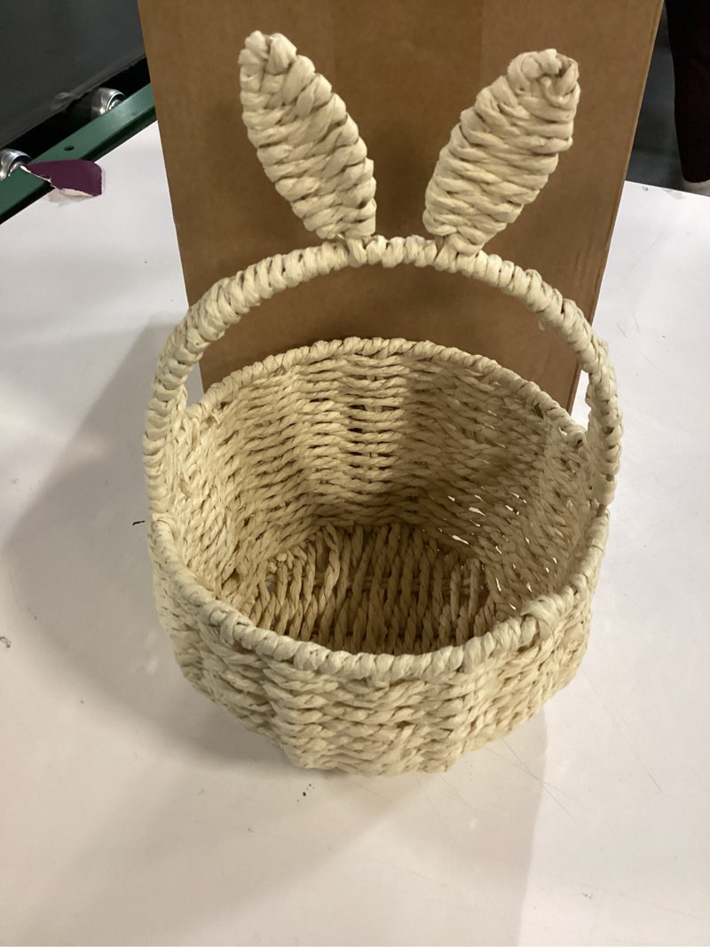 Condition photo showing Good Condition for Kathfly Rattan Easter Bunny Basket with Handle 11 x 7 x 5 Inch Handmade Wicker Bunny Ears Picnic Basket for Egg Hunt Party Storage Burlap Bow Cute Candy Organizer Spring Party Decor