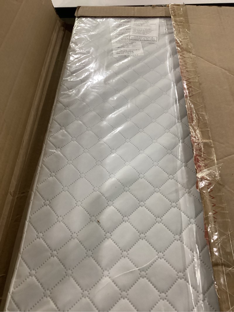 Condition photo showing As Is for dream on me luna haven 2" cradle mattress – lightweight firm polyester fiber core, waterproof & easy-clean, stain & odor resistant, greenguard gold and bsa certified (36" l x 18" w x 2" h)